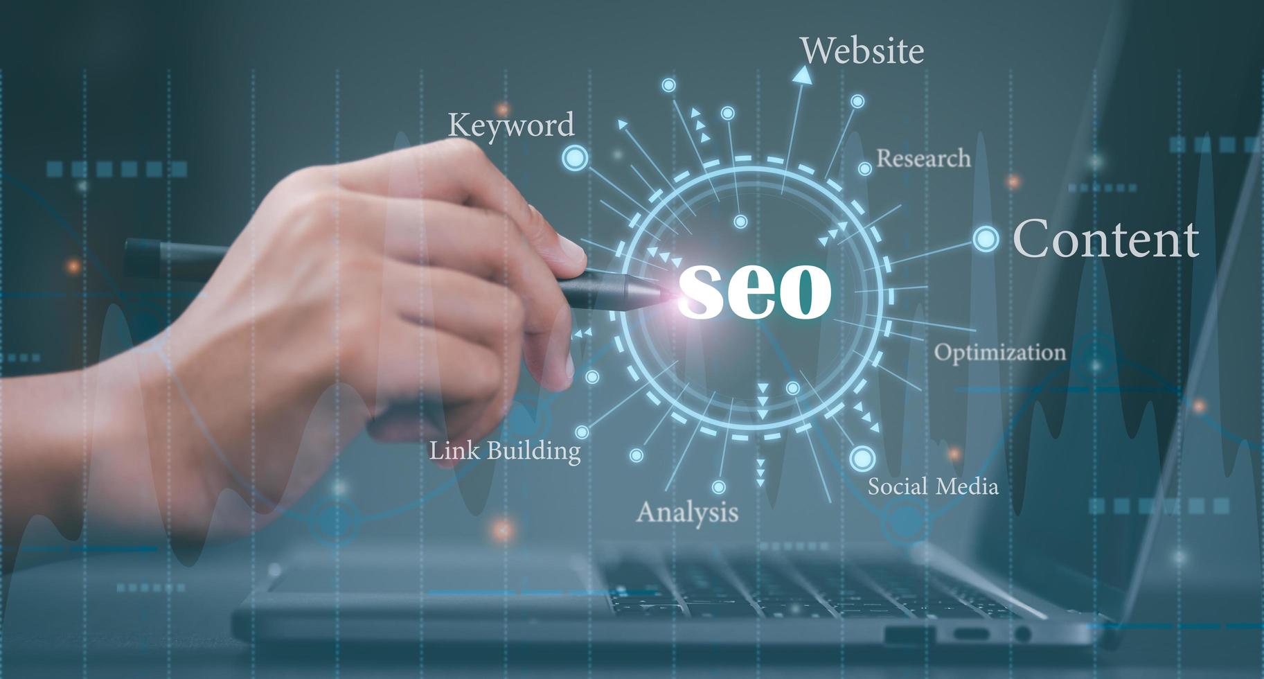 Marketers use pen to point to icons, SEO concepts, optimization analysis tools, search engine rankings, social media sites based on results analysis data. Customers use keywords to connect products. photo