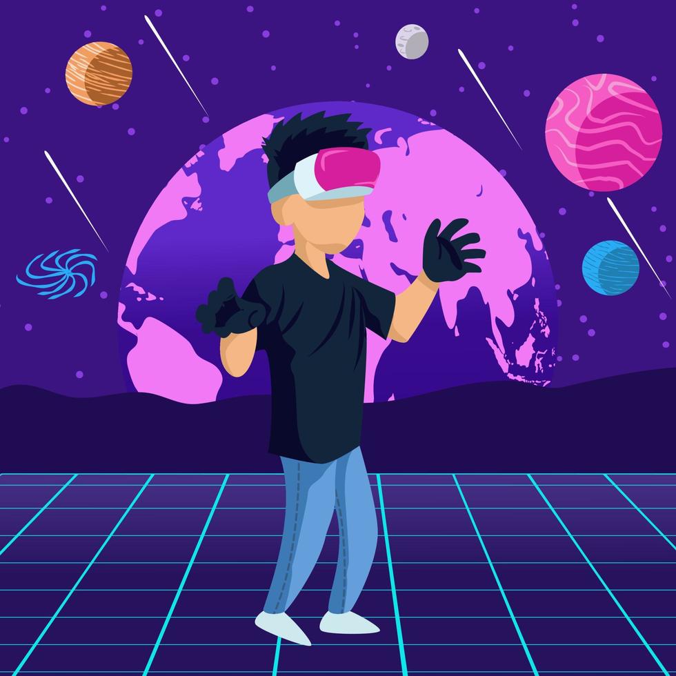 man inside virtual reality world suitable for metaverse themed illustration vector