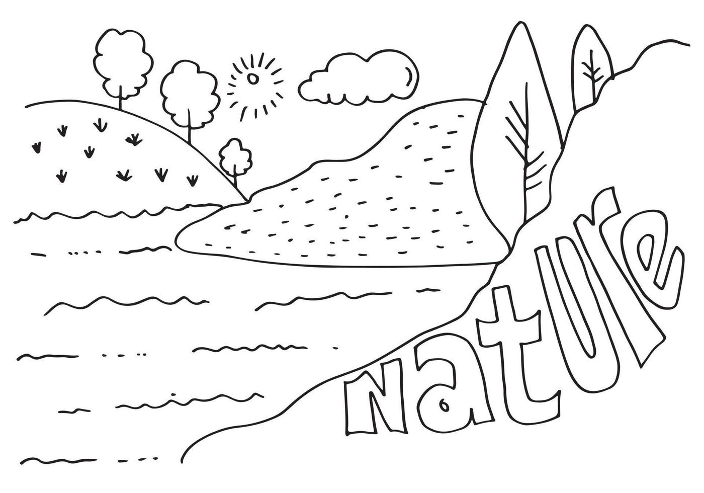 Cute cartoon meadow with mountains, plants, clouds and sun. vector