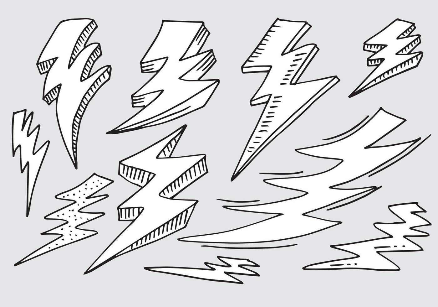 set of hand drawn vector doodle electric lightning bolt symbol sketch illustrations. thunder symbol doodle icon.