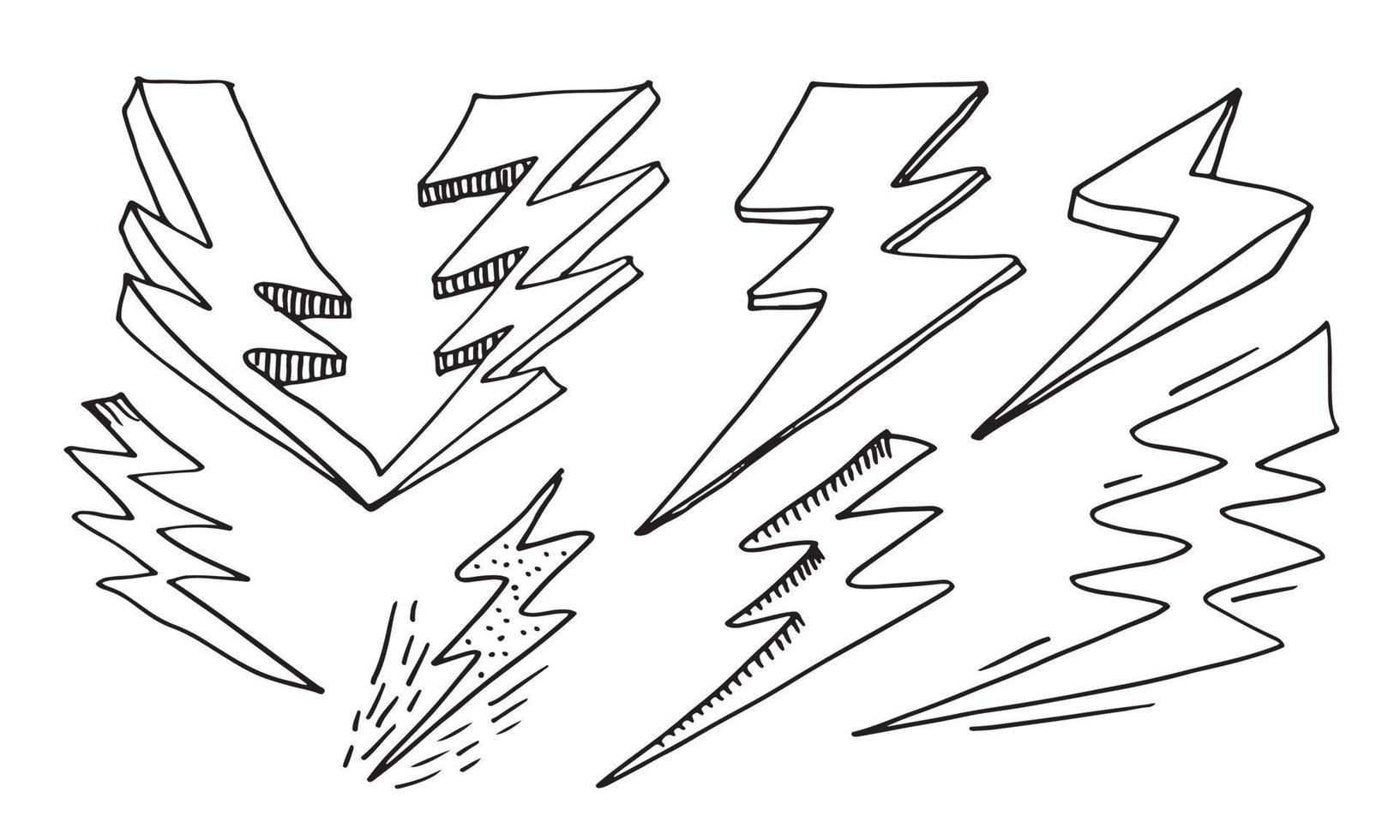 set of hand drawn vector doodle electric lightning bolt symbol sketch illustrations. thunder symbol doodle icon.