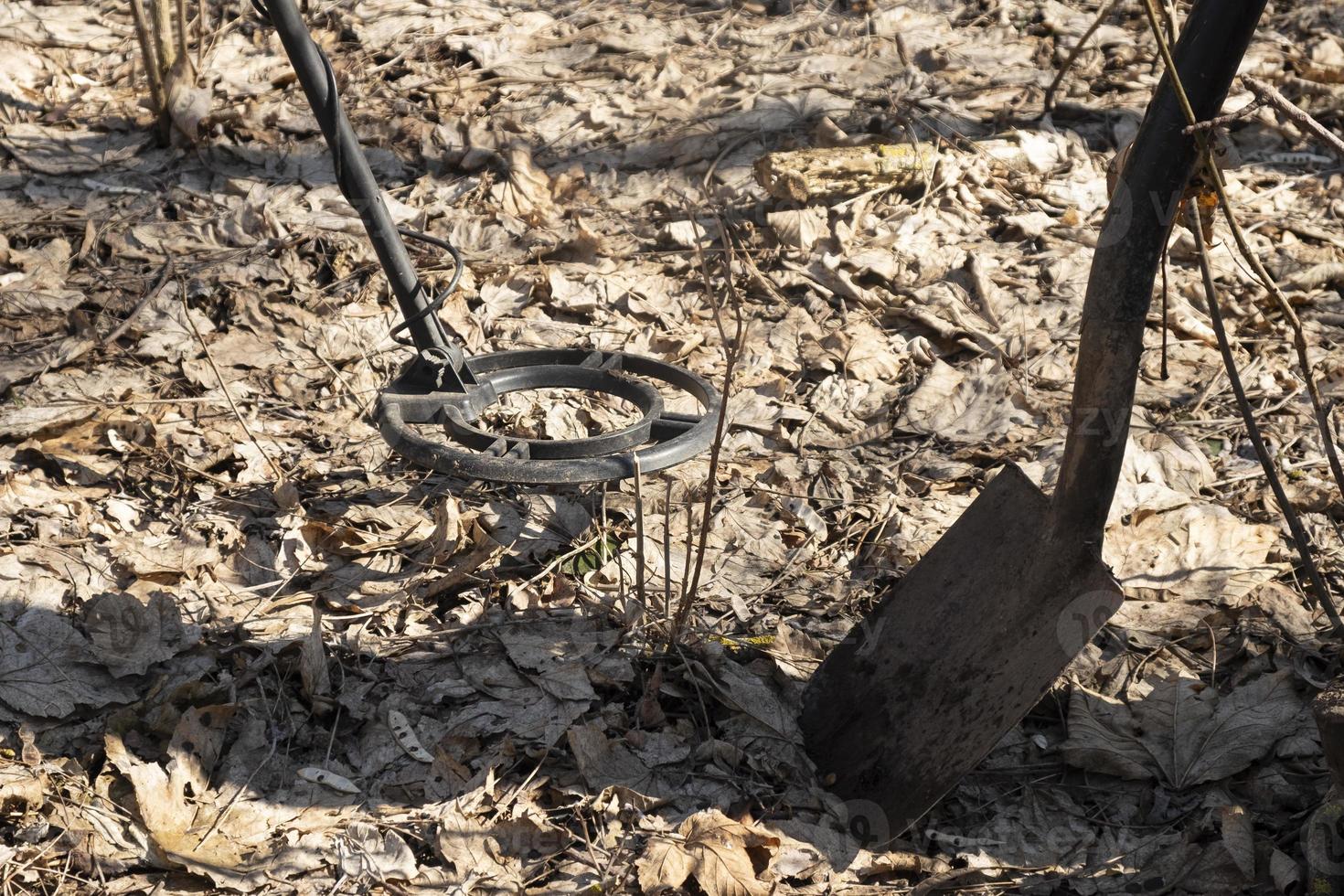 metal detector and shovel in spring forest, treasure hunt photo