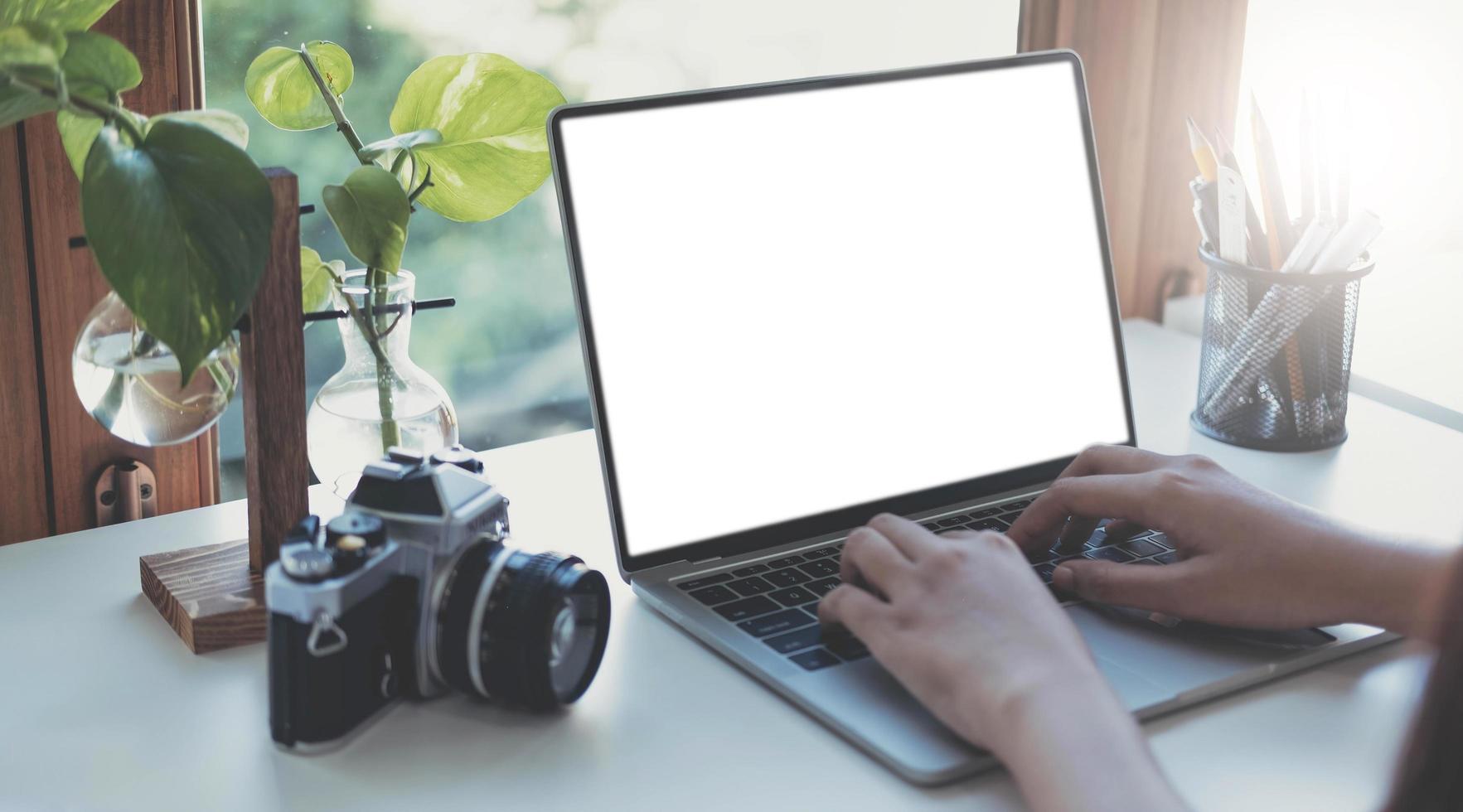 Side view of a businesswoman working on a laptop blank white screen at office. Mock up. photo