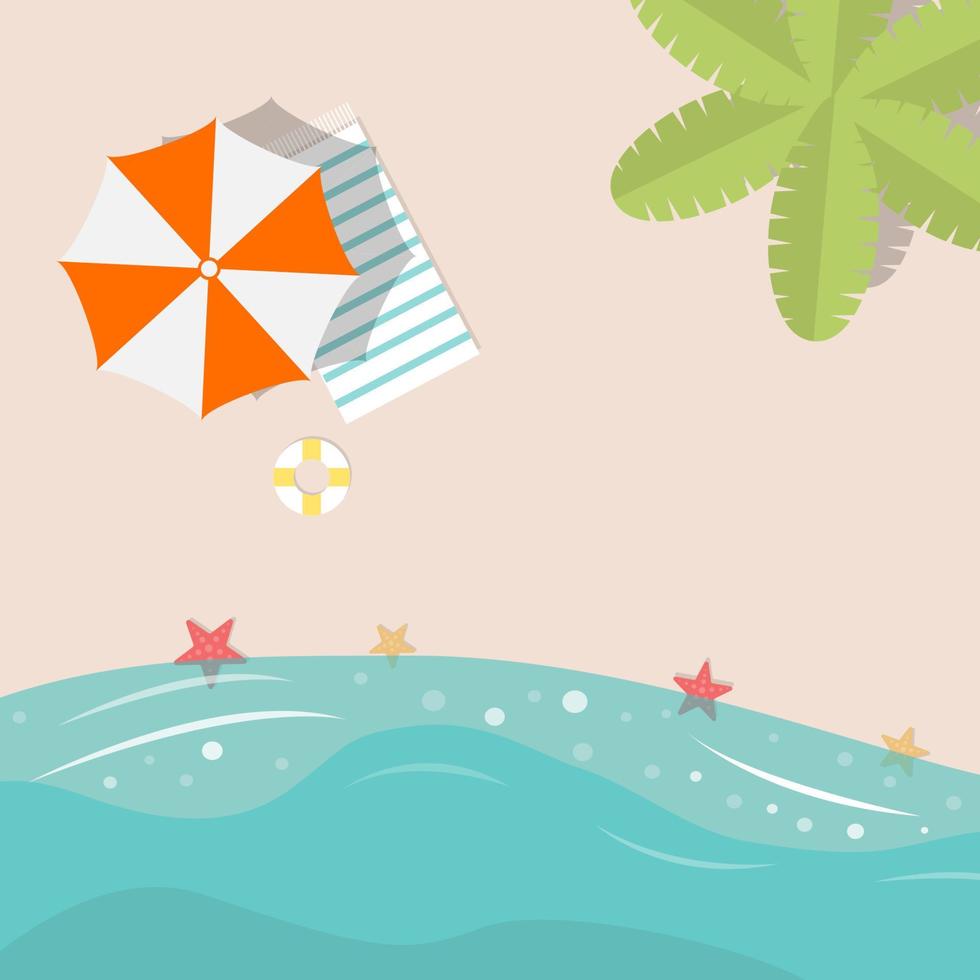 Vector concept Top view beach background with Palm leaves umbrellas, balls starfish, and sunbed life Buoy sea. Top view of summer beach vector style. Top view of the sea in summer holiday.