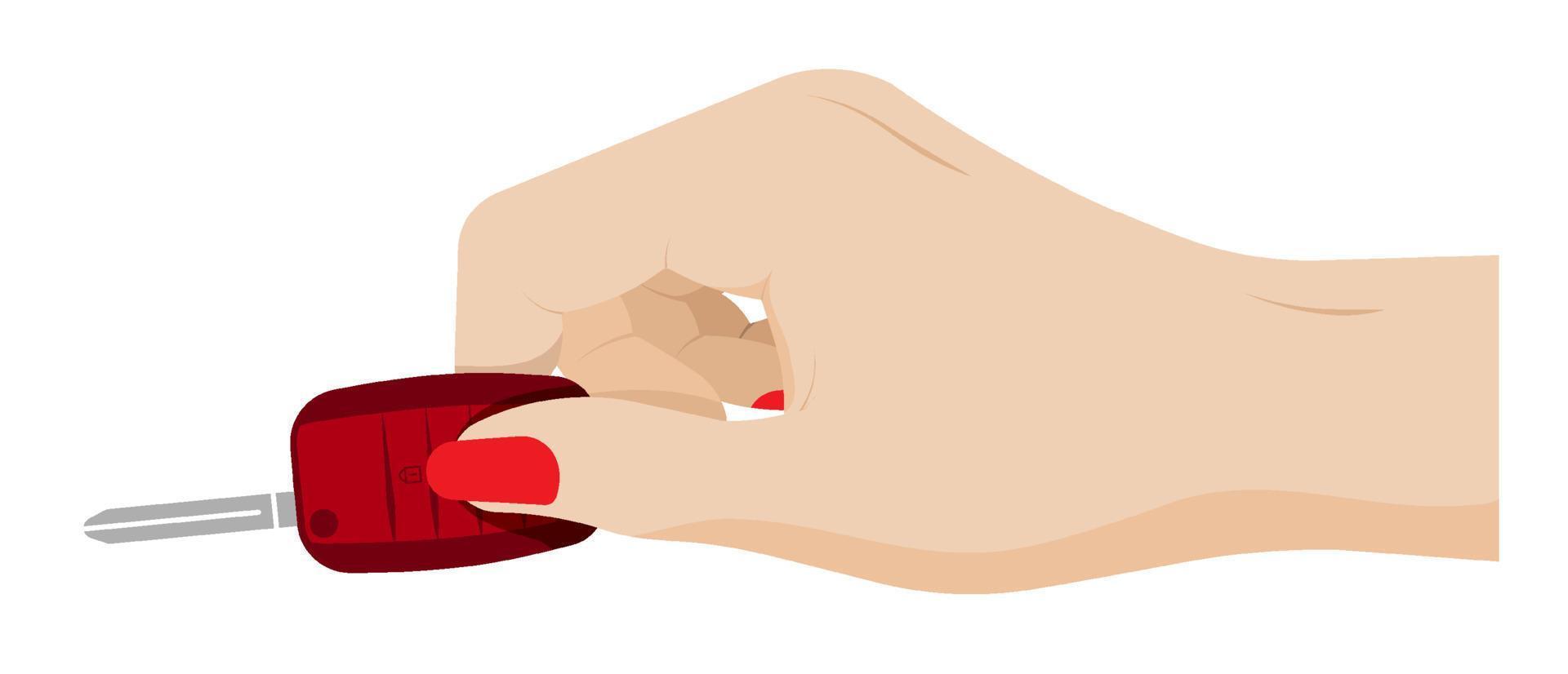 woman hand holds folding car key  with remote control. Car alarm, key fob. Cartoon vector