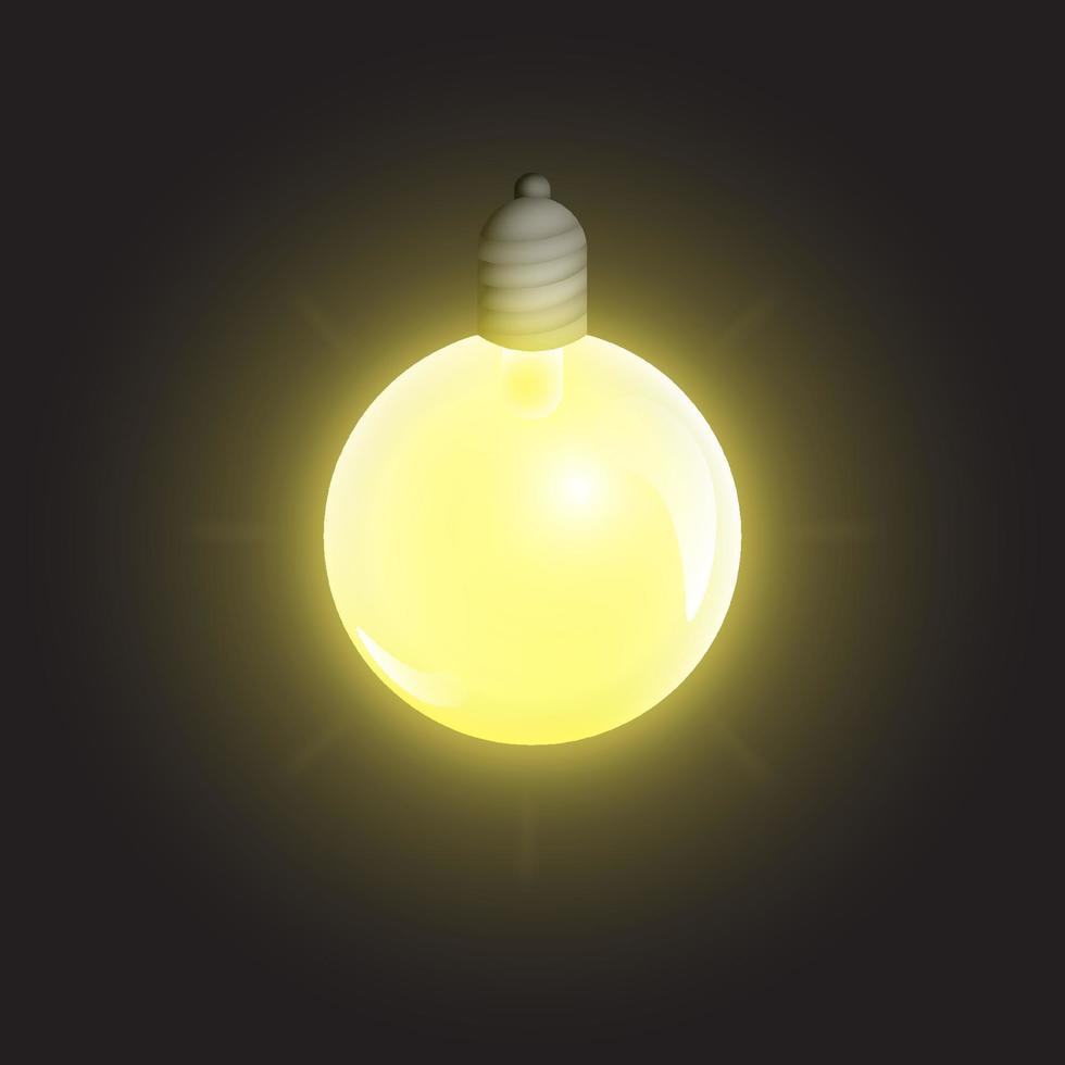 round light bulb on dark background. Symbol of ideas, inspiration, creativity. Festive garland element. Vector icon