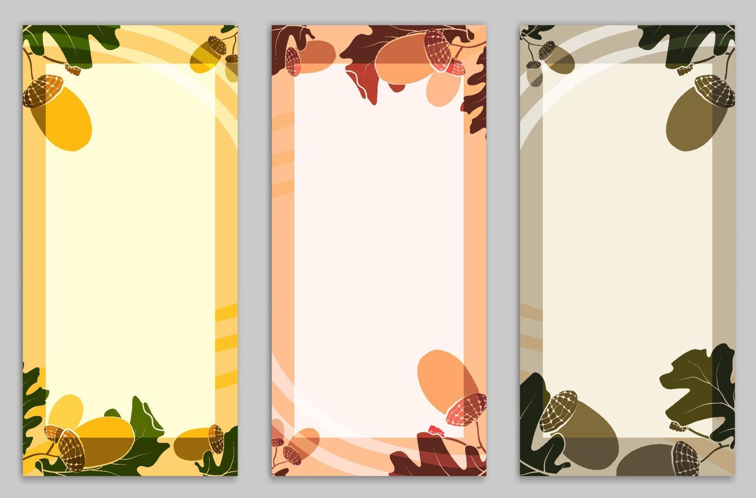 Set of Thanksgiving cards with oak leaves and acorns. Set of abstract templates for greeting cards, banners, brochures. Vector