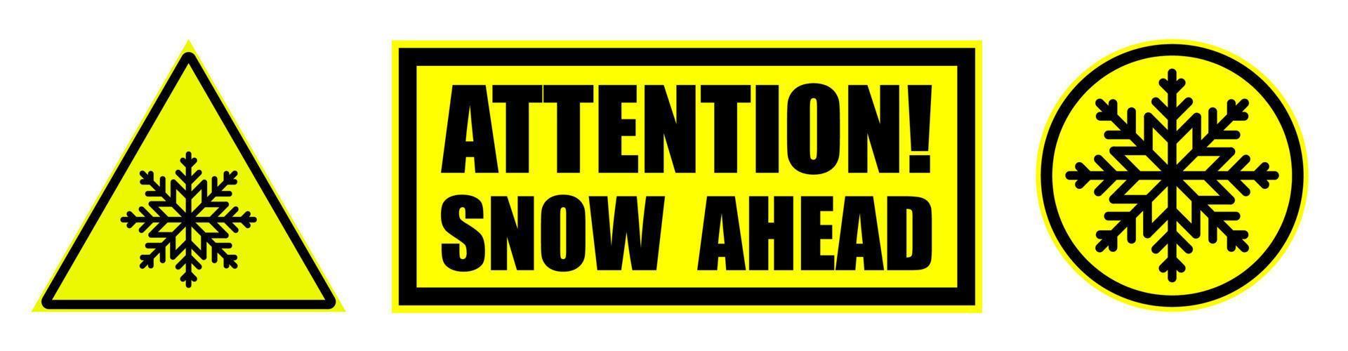 low temperature, snow ahead warning attention sign on yellow. Safety and warning for snow on road. Set of yellow black danger signs. Isolated vector