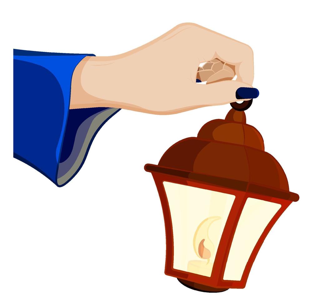 female hand of sorceress holds a lantern with burning candles inside. Celebration of Halloween in fancy dress. Magic and witchcraft, rituals. Cartoon vector