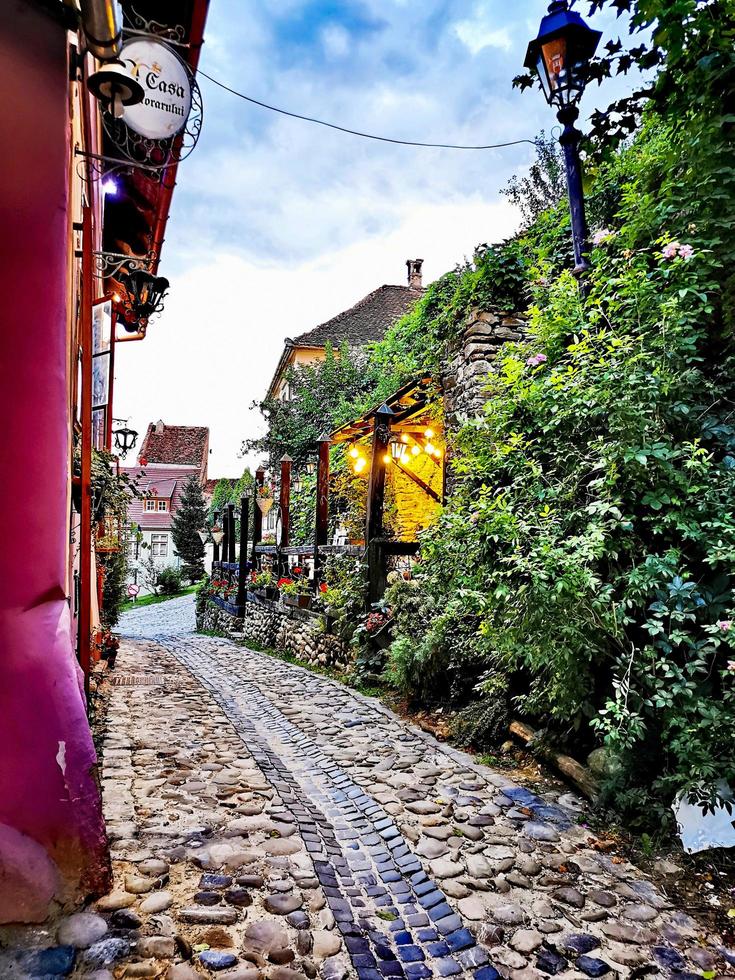 hermoso camino pequeño colorido, calle camino, arquitectura antigua, camino de piedra foto