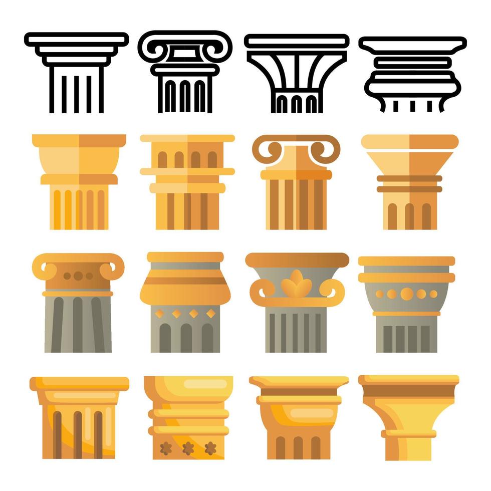 Ancient Column Icon Set Vector. Architecture Roman Symbol. Ancient Pillar. Greece Building. Rome Culture. Old Graphic Element. Historical Classical Sign. Line, Flat Illustration vector