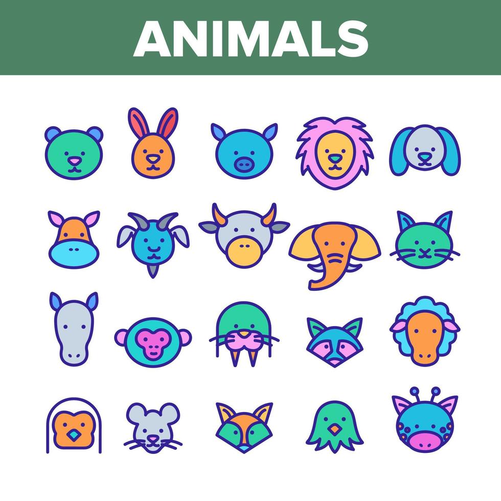 Animals Collection Wild And Farm Icons Color Set Vector