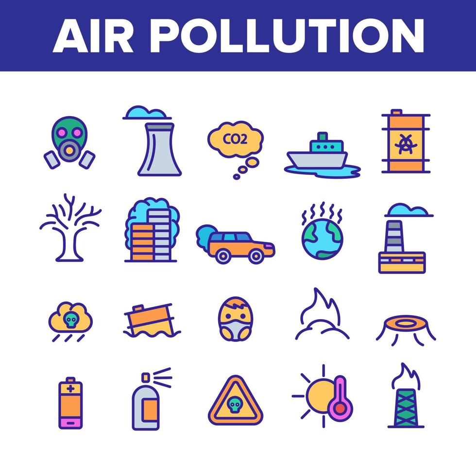 conjunto de vectores de iconos lineales de contaminación del aire ambiental