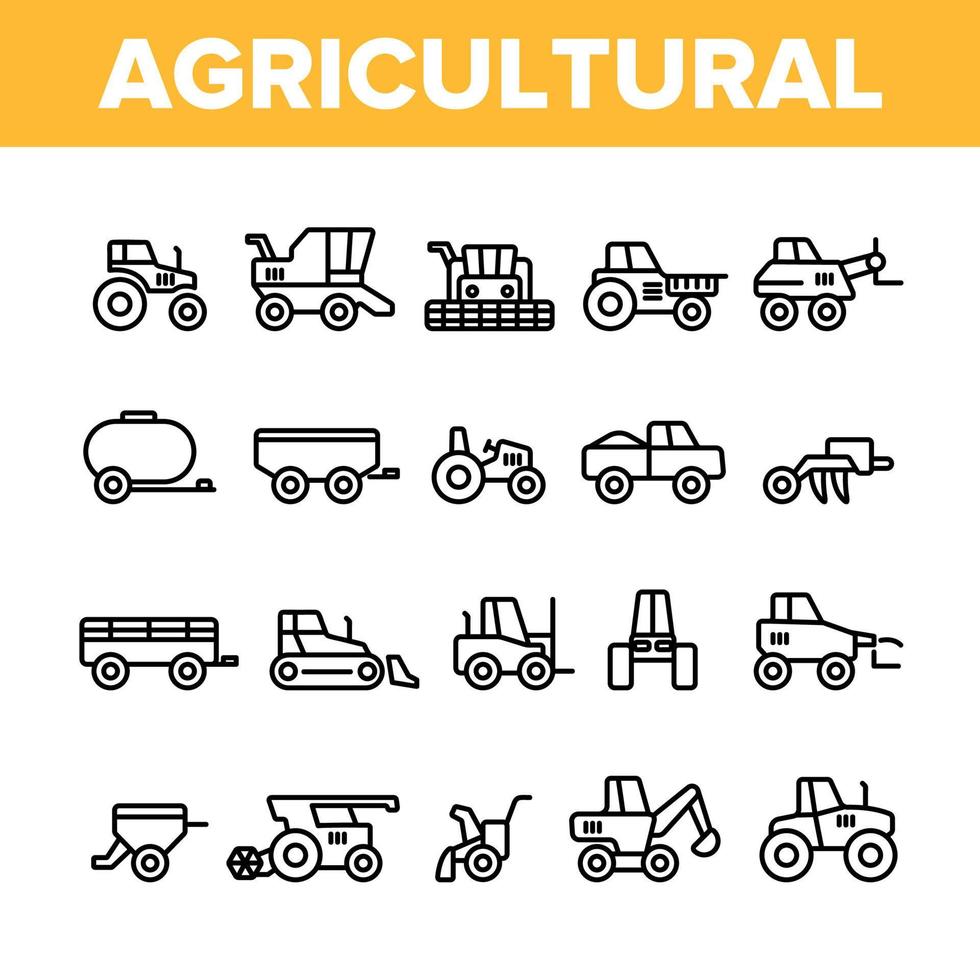 Agricultural Heavy Machinery Vector Linear Icons Set