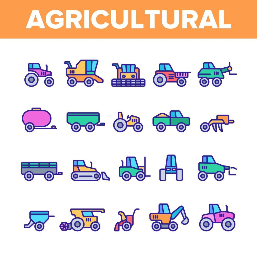 Agricultural Heavy Machinery Vector Linear Icons Set