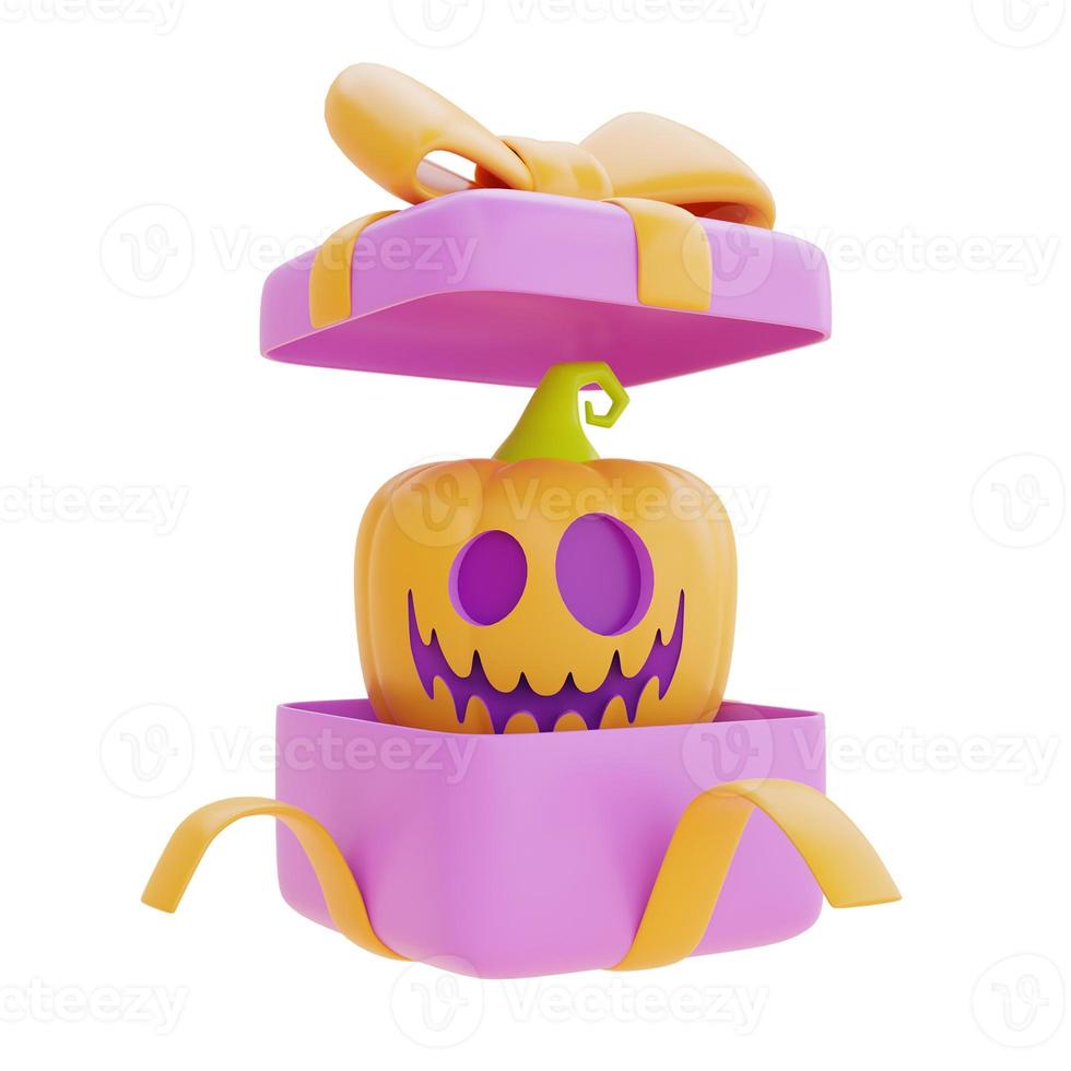 cajas de regalo abiertas con calabaza jack-o-lantern de halloween aislada en fondo blanco, tradicional fiesta de octubre, representación 3d. foto