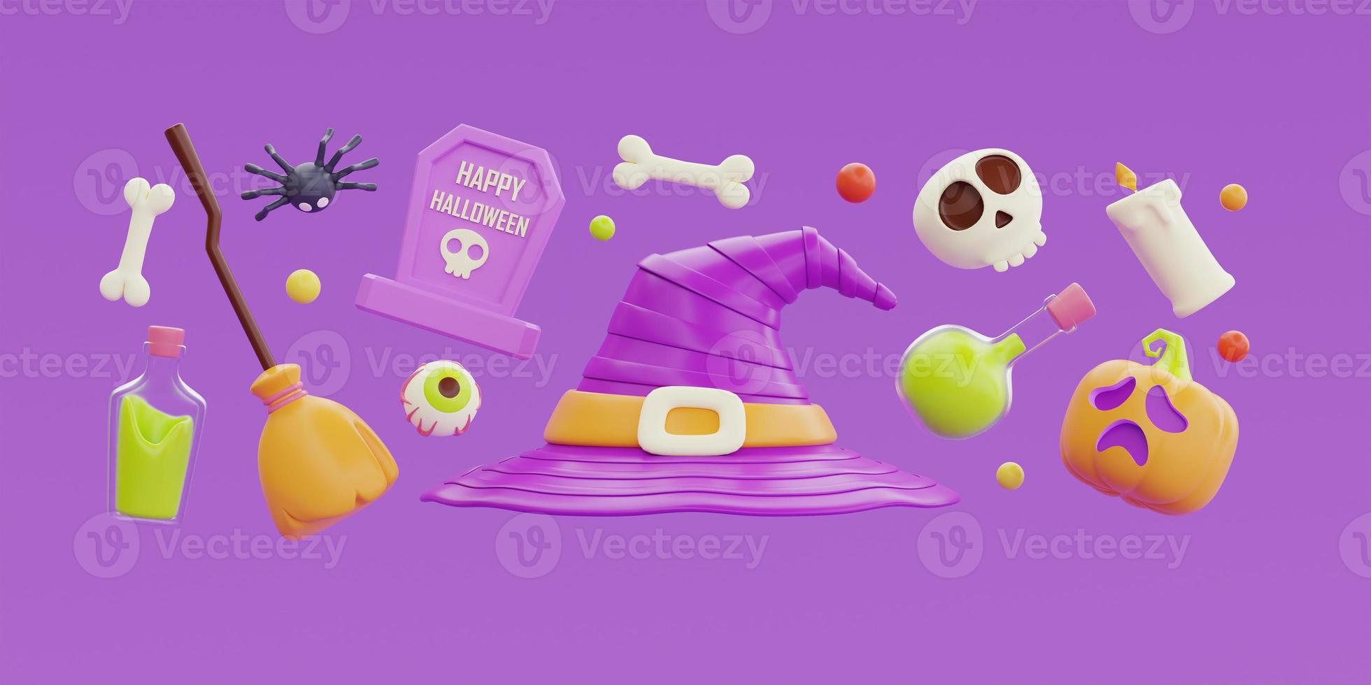 feliz halloween con sombrero de bruja, huesos, cráneo, tumba, calabaza, caramelos coloridos y dulces flotando sobre fondo morado, representación 3d. foto