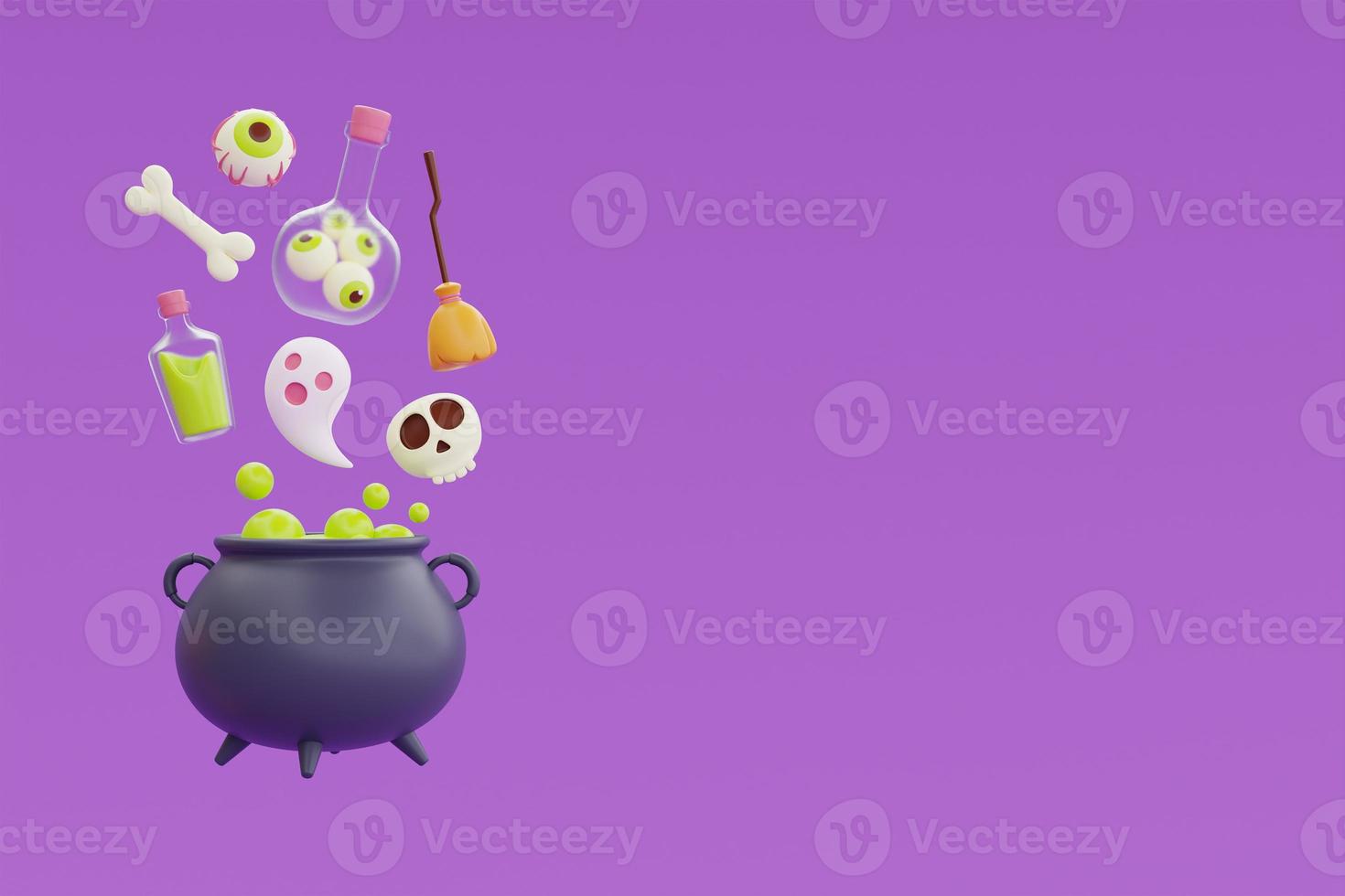 Happy Halloween with witch cauldron, bones, skull, ghost, and broom floating on purple background, 3d rendering. photo