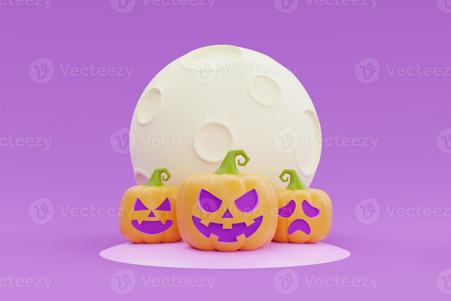 Happy Halloween with Jack-o-Lantern pumpkins character under the moon on purple background, 3d rendering. photo