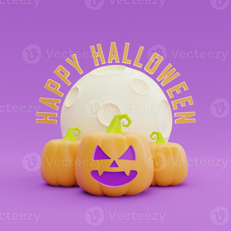 feliz halloween con el personaje de calabazas jack-o-lantern bajo la luna sobre fondo púrpura, representación 3d. foto