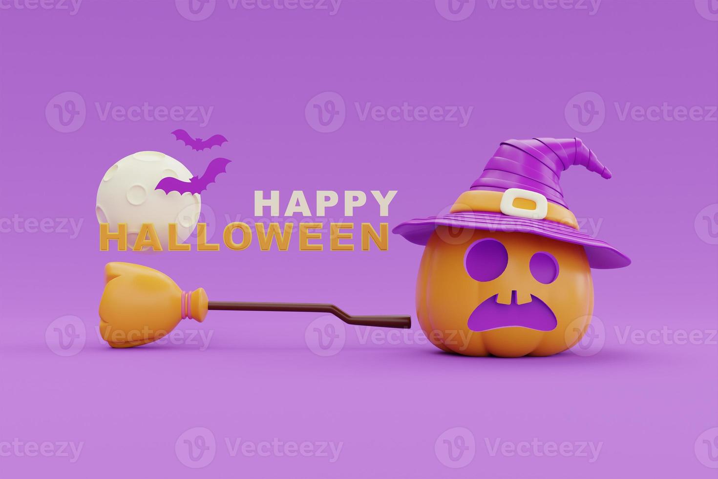 feliz halloween con carácter de calabazas jack-o-lantern sobre fondo morado, fiesta tradicional de octubre, representación 3d. foto