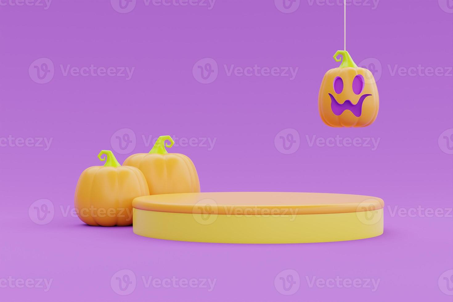 Happy Halloween with podium display and Jack-o-Lantern pumpkins on purple background, traditional october holiday, 3d rendering. photo