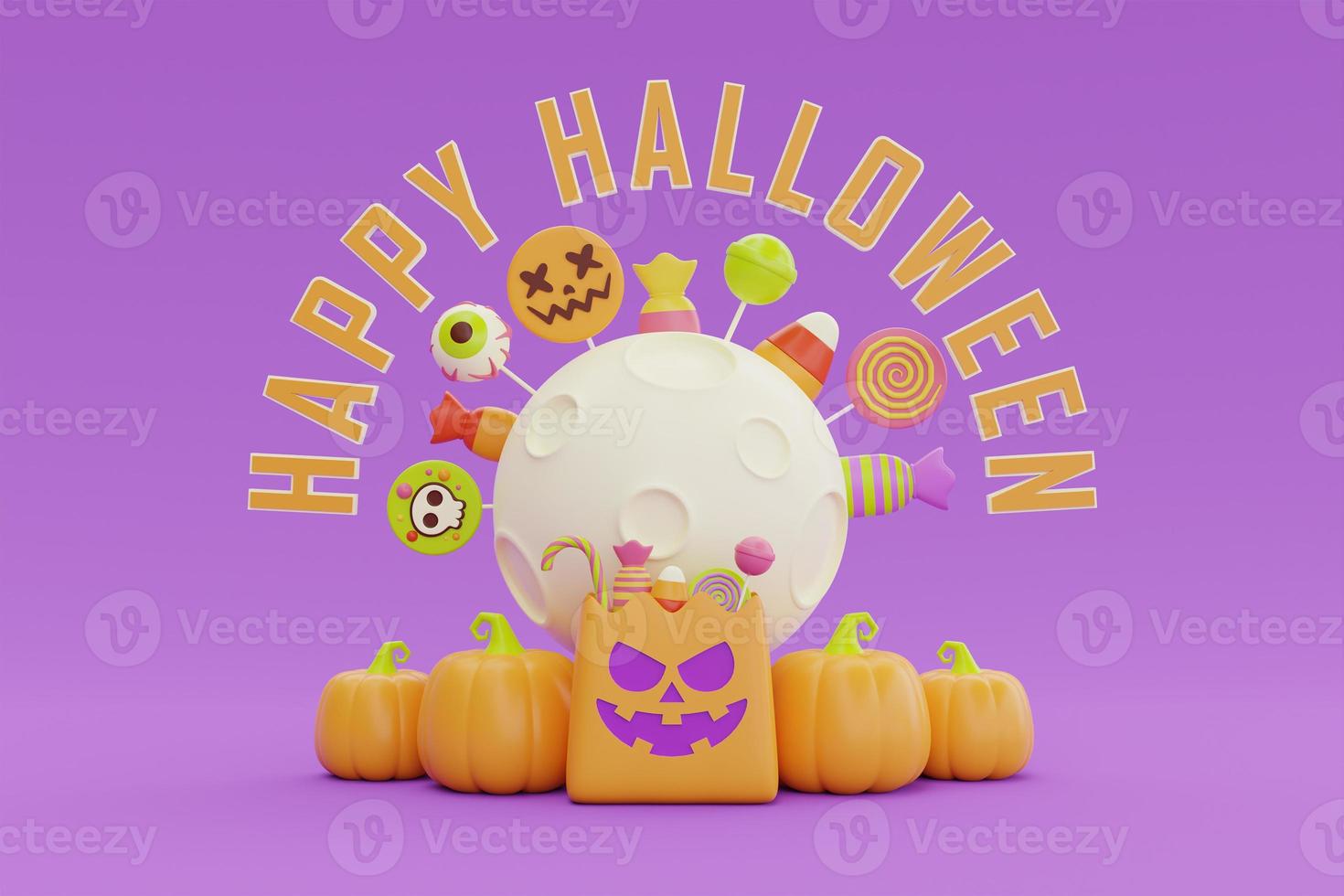 Happy Halloween with Jack-o-Lantern pumpkins character and colorful candies under the moon on purple background, 3d rendering. photo