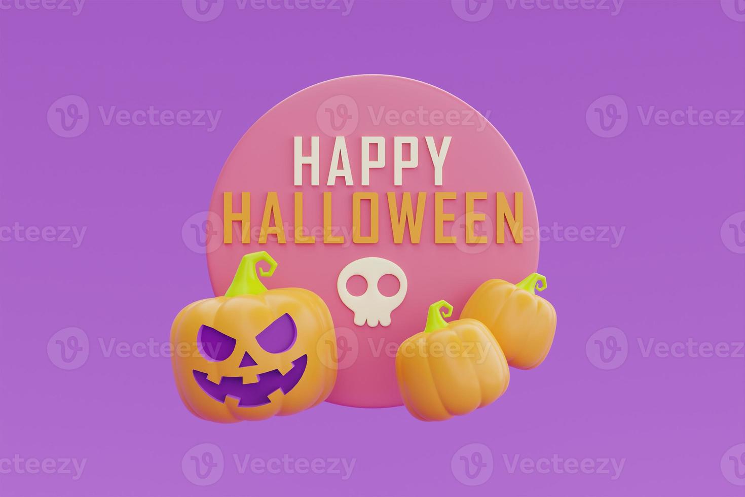 feliz halloween con carácter de calabazas jack-o-lantern sobre fondo morado, fiesta tradicional de octubre, representación 3d. foto