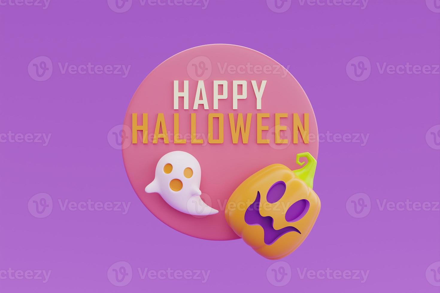 Happy Halloween with Jack-o-Lantern pumpkins character on purple background, traditional october holiday, 3d rendering. photo