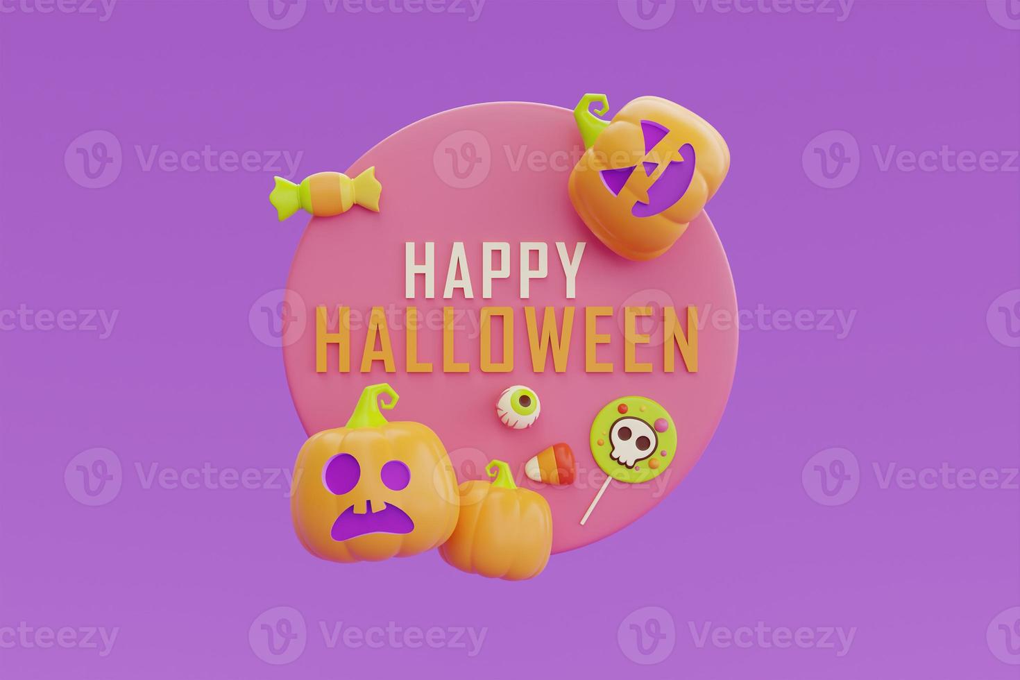 feliz halloween con carácter de calabazas jack-o-lantern sobre fondo morado, fiesta tradicional de octubre, representación 3d. foto