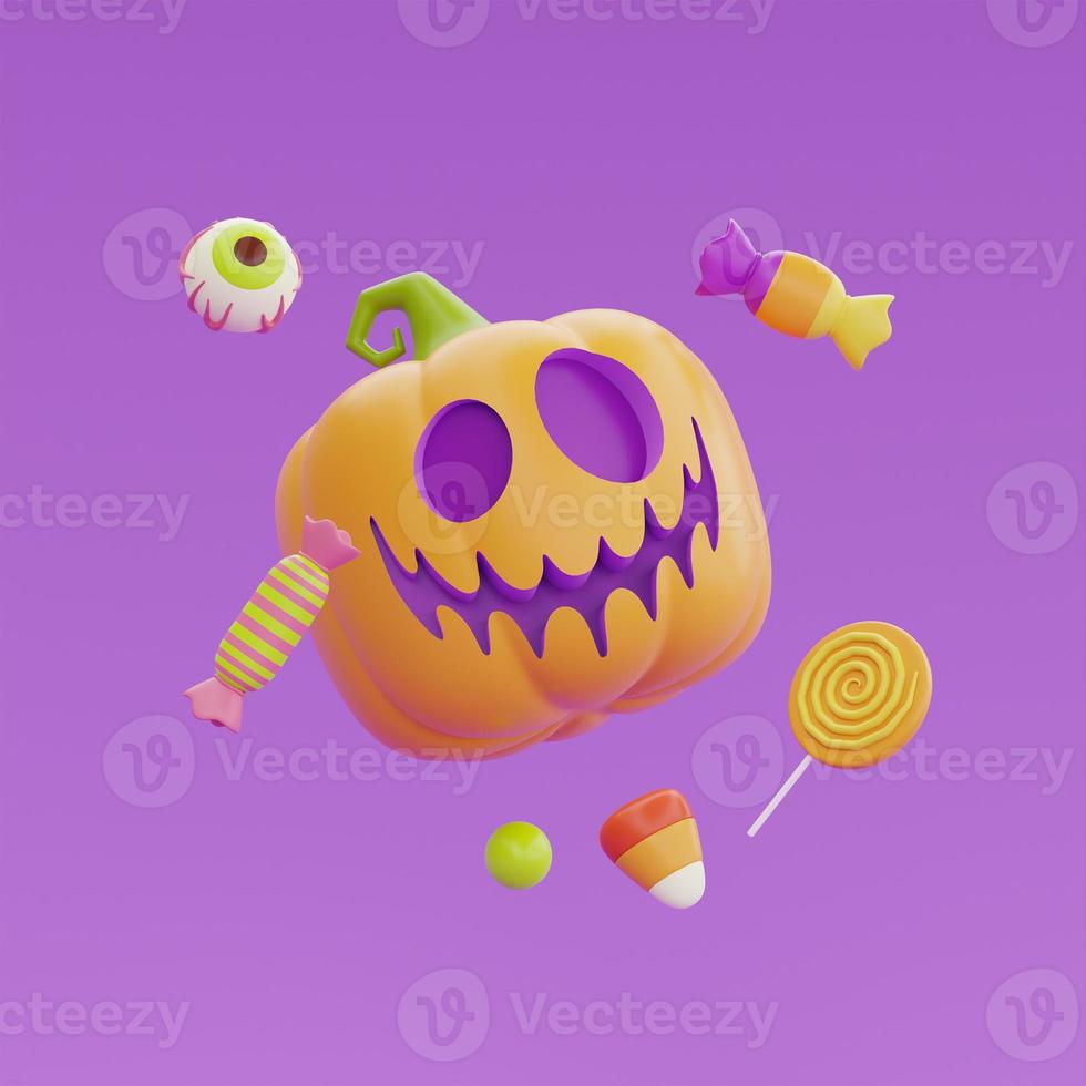 Happy Halloween with Jack-o-Lantern pumpkins character, colorful candies and sweets floating on purple background, 3d rendering. photo