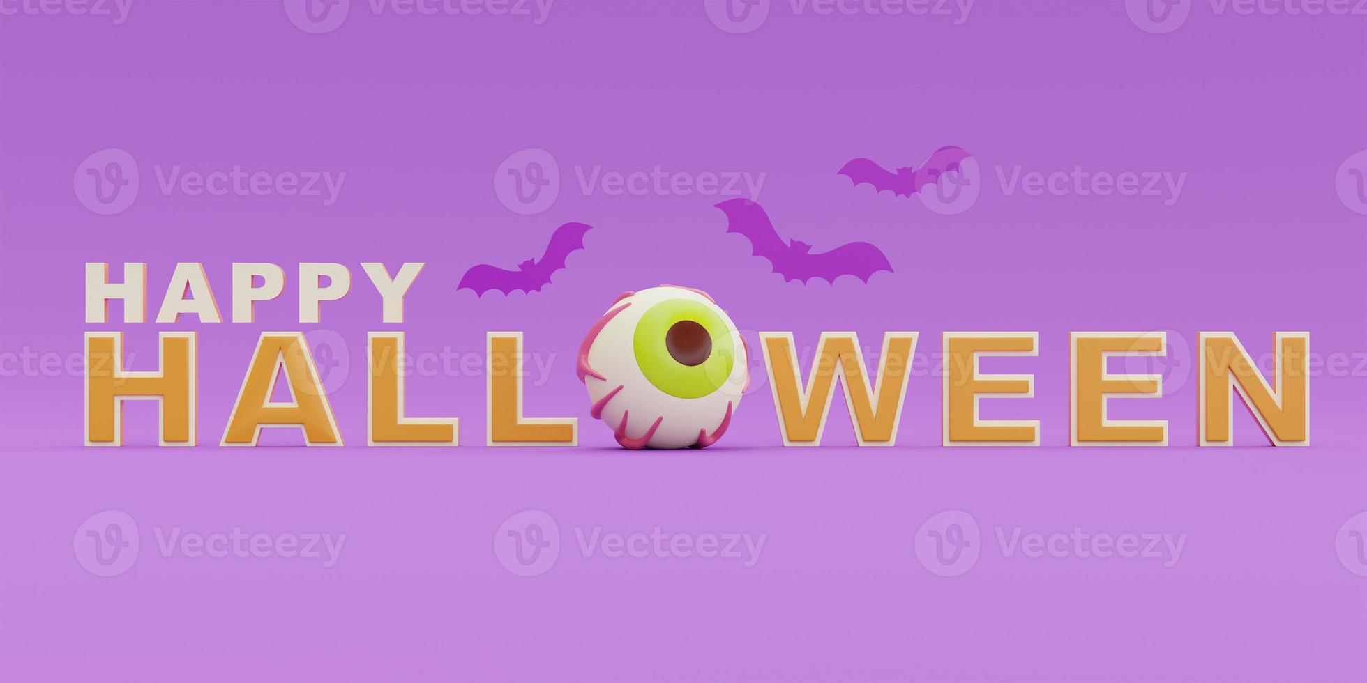 Happy Halloween with eyeball and bat on purple background, traditional october holiday, 3d rendering. photo