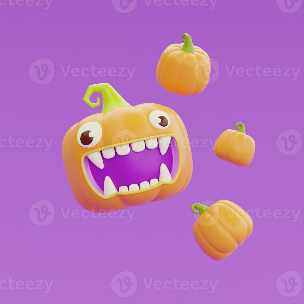 Happy Halloween with Jack-o-Lantern pumpkins character floating on purple background, traditional october holiday, 3d rendering. photo