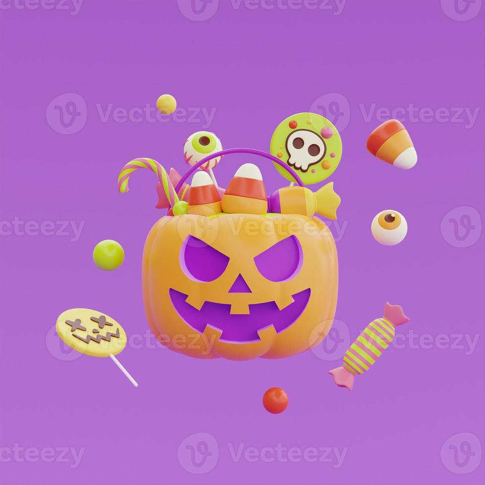 Happy Halloween with Jack-o-Lantern pumpkins basket full of colorful candies and sweets floating on purple background, 3d rendering. photo