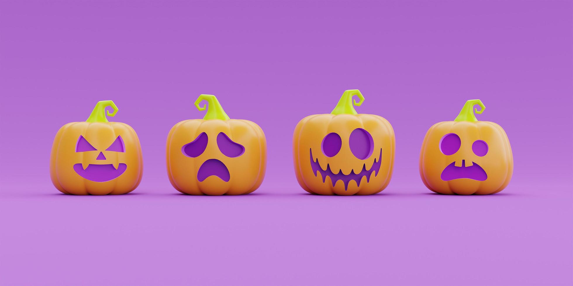 feliz halloween con carácter de calabazas jack-o-lantern sobre fondo morado, fiesta tradicional de octubre, representación 3d. foto