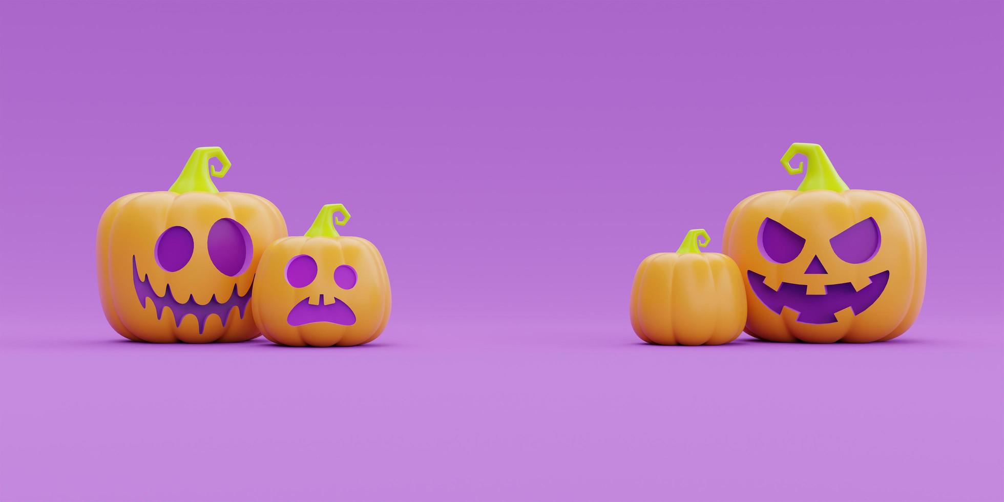 feliz halloween con carácter de calabazas jack-o-lantern sobre fondo morado, fiesta tradicional de octubre, representación 3d. foto