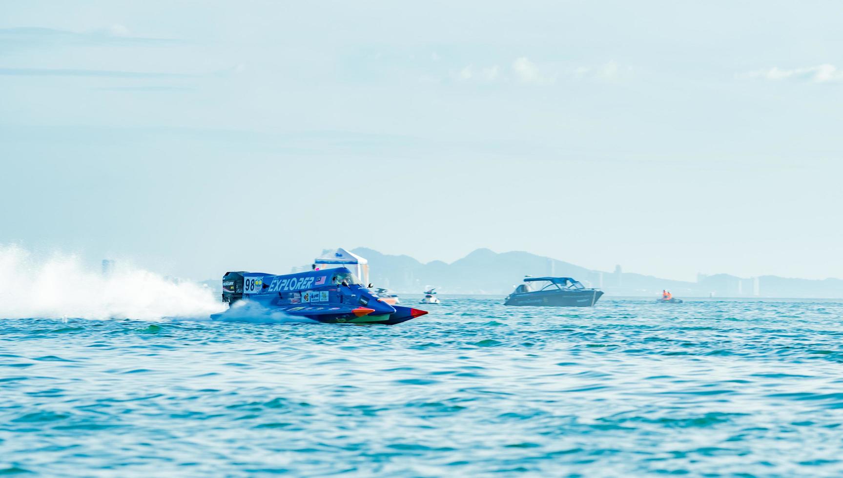 CHONBURI, THAILAND-NOVEMBER 26, 2017 F1 boat with beautiful sky and sea in Bangsaen Power Boat 2017 at Bangsaen beach in Thailand photo