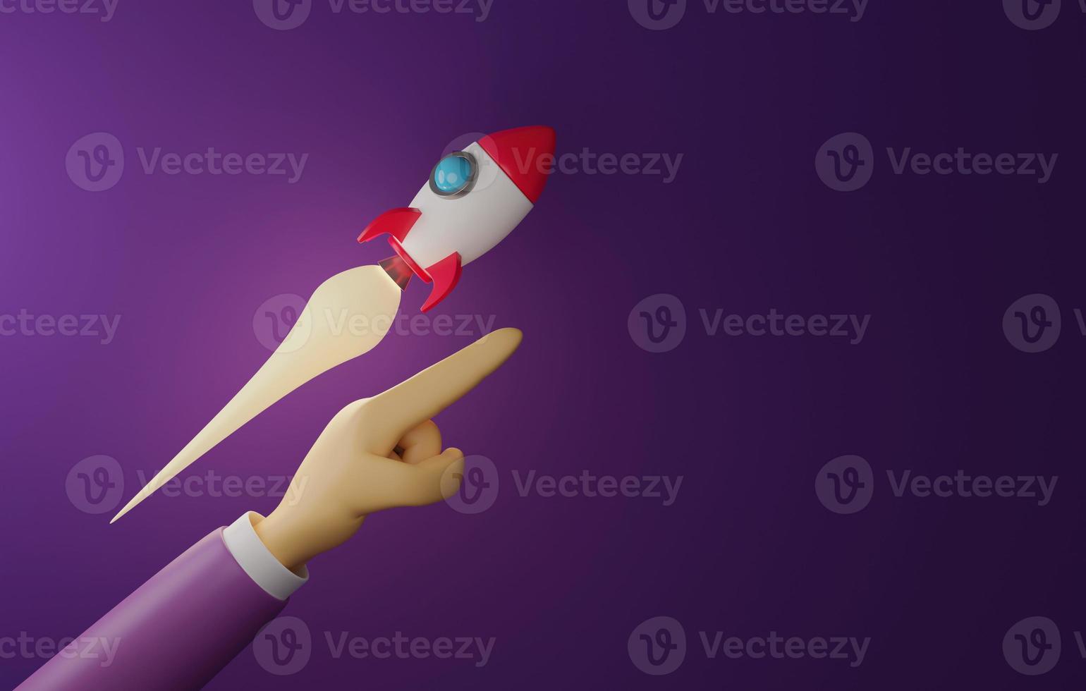 Businessman hand pointing forward with rocket taking off on purple background. photo