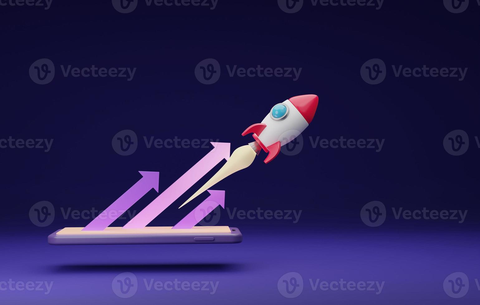 Rocket launched through a smartphone pointing up arrow on a dark purple background. photo