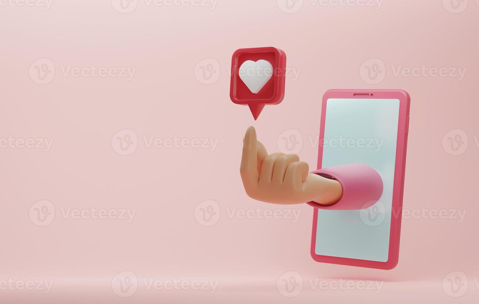 Hand made heart symbol with heart icon over smartphone screen on pink background. photo
