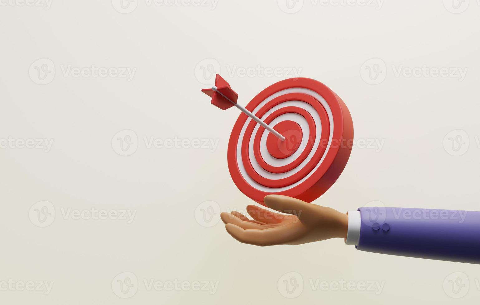 Businessman holding a dart board with arrows in the center on a white background. photo