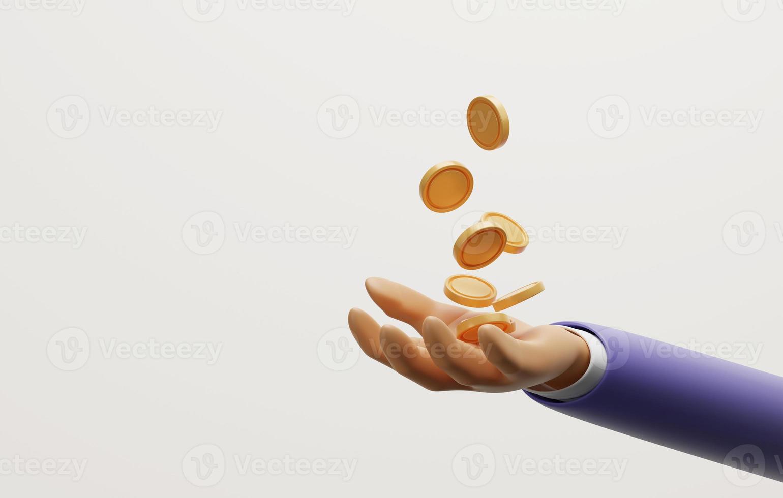 Businessman hands waiting to receive falling gold coins on a white background. photo