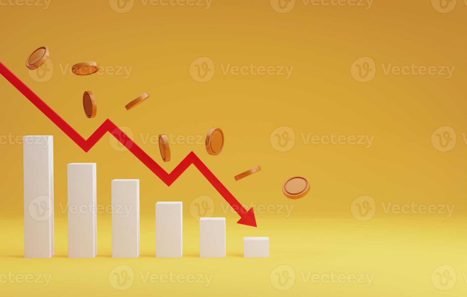 Red arrow graph pointing down pile of coins falling with declining bar graph on yellow background. photo