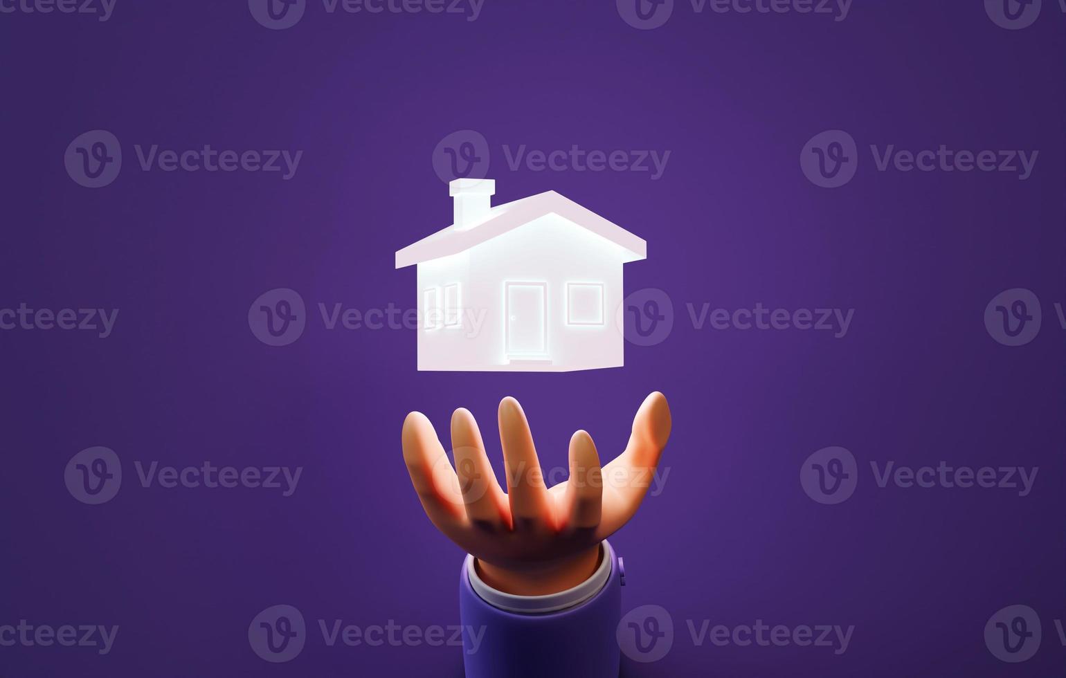 Bright house icon on male hand on purple background. photo