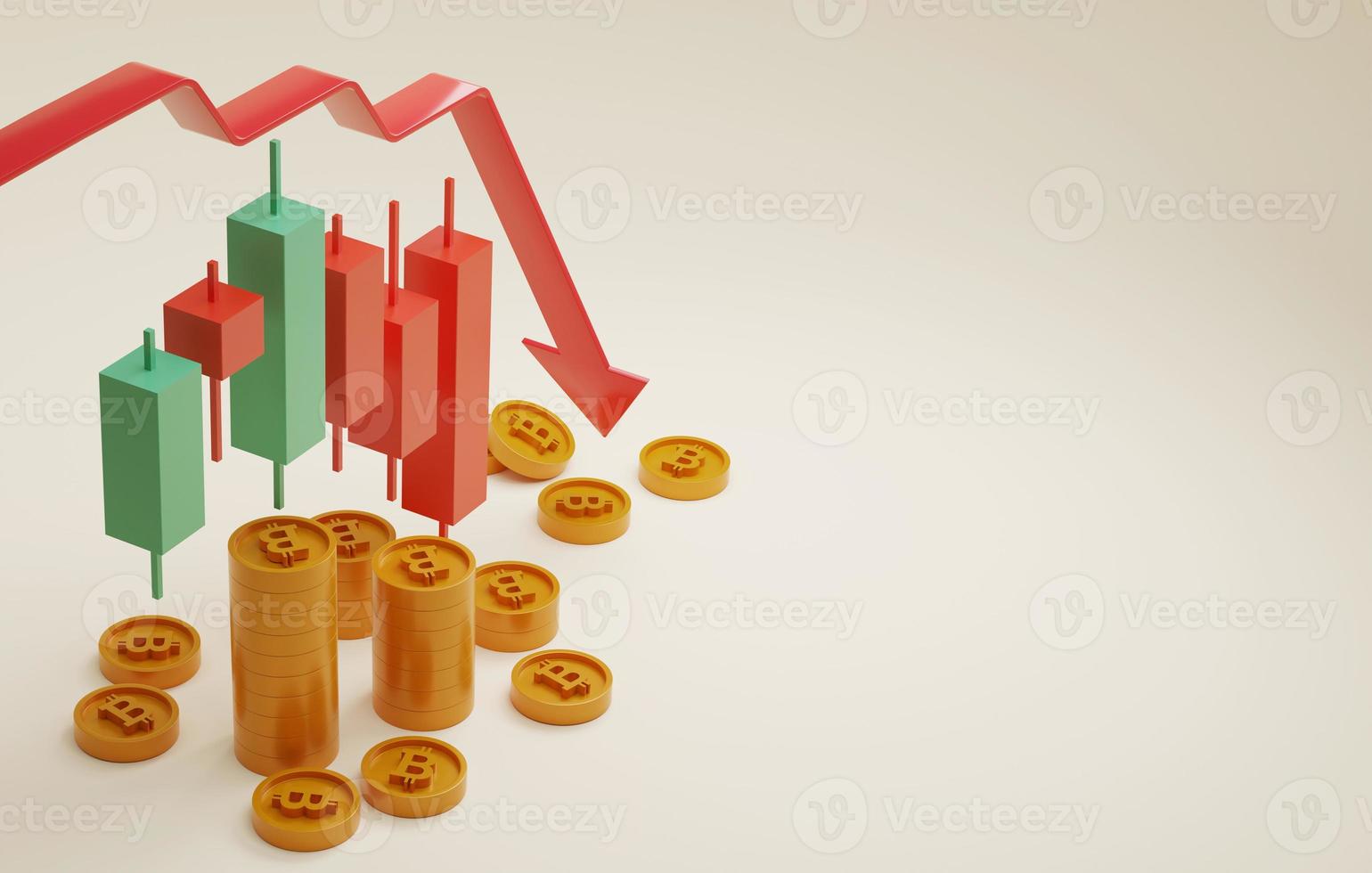 flecha con candelabro rojo hacia abajo y disminución del precio de la moneda bitcoin. foto