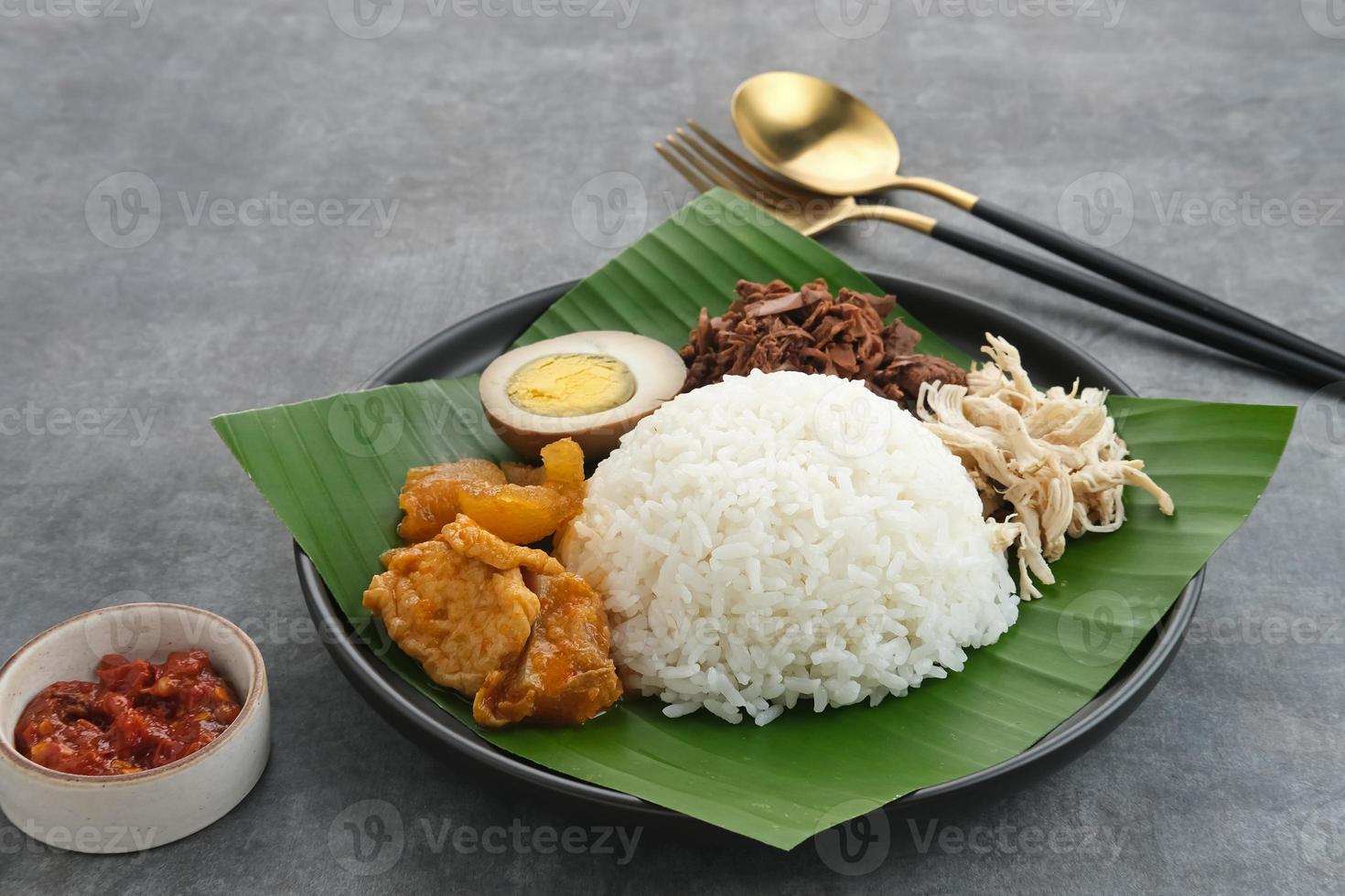 Gudeg, a typical food from Yogyakarta, Indonesia, made from young jackfruit cooked with coconut milk. Served with spicy stew of cattle skin crackers, brown eggs, shredded chicken and sambal. photo