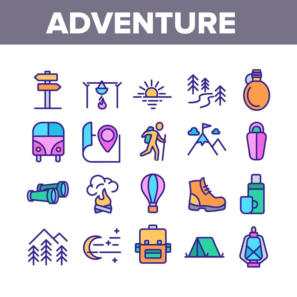 Adventure Collection Elements Icons Set Vector