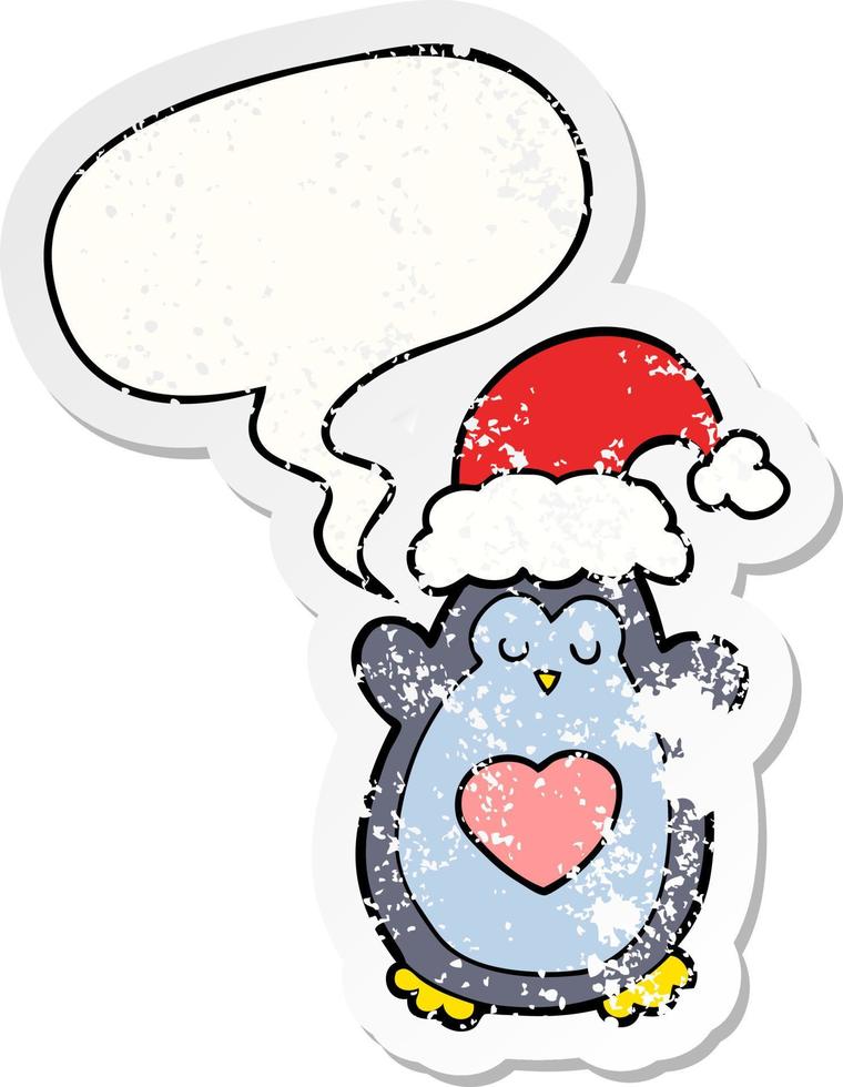 cute christmas penguin and speech bubble distressed sticker vector