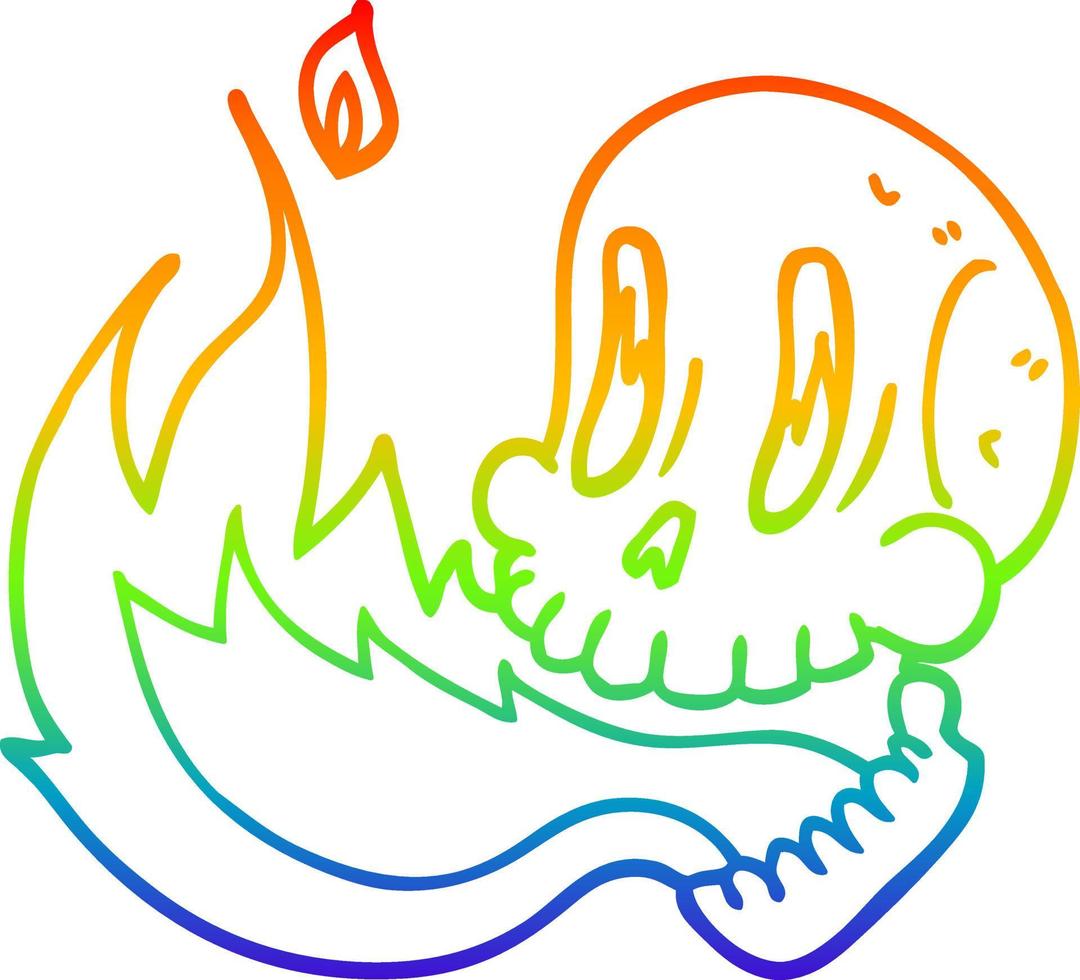 rainbow gradient line drawing cartoon flaming skull vector