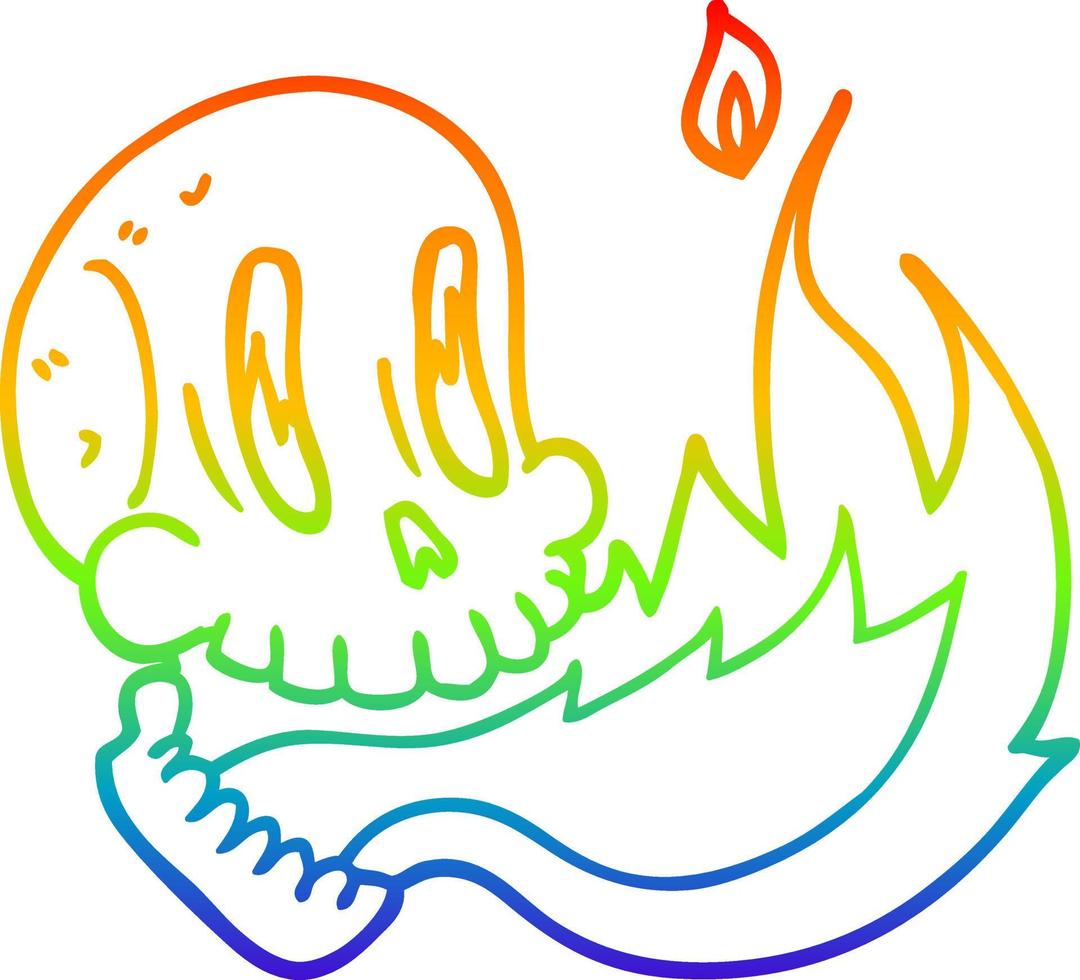 rainbow gradient line drawing cartoon flaming skull vector